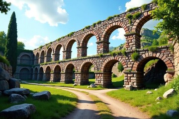 Obraz premium Ancient Roman aqueduct ruins, weathered stone, historical architecture detail , aged, architecture, mortar