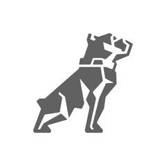 Stylized gray dog sitting with a collar looking up in a geometric and modern design on a white background