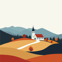 Serene Autumn Landscape With Church And Rolling Hills In Minimalist Vector Style