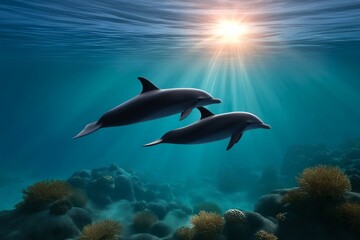 Fototapeta premium Swimming with dolphins in tropical seas underwater adventure experience
