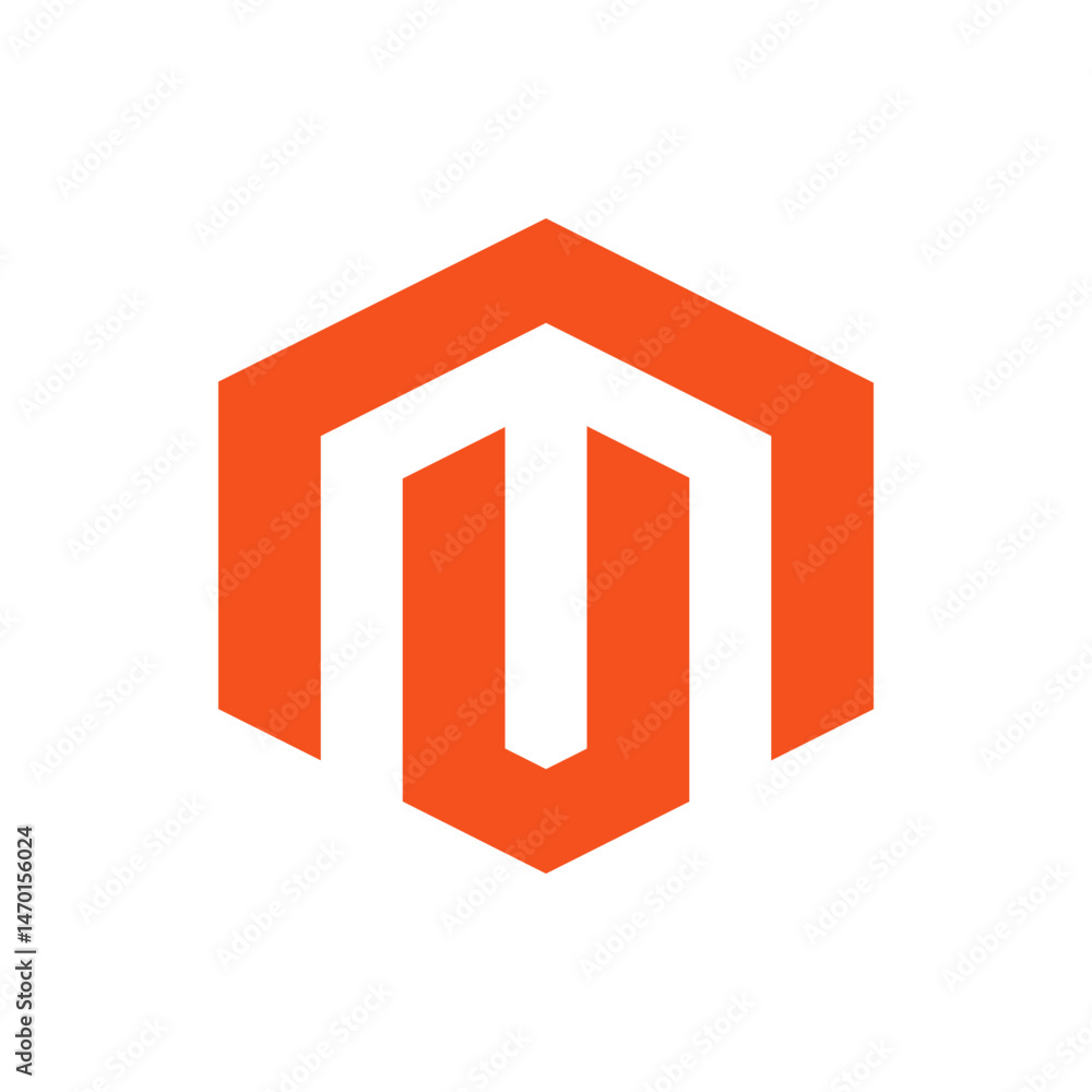 Poster orange hexagon with a white abstract shape inside it on a white background in a simple vector graphi