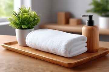 Relaxing spa setup with white fluffy towel on wooden tray cozy bathroom still life natural light