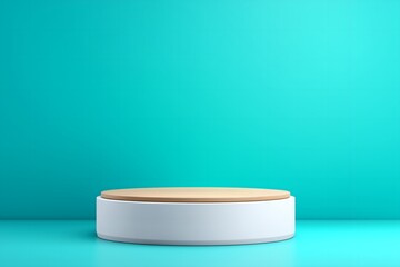 Showcase white minimalist podium pastel blue background product photography studio elevated perspective