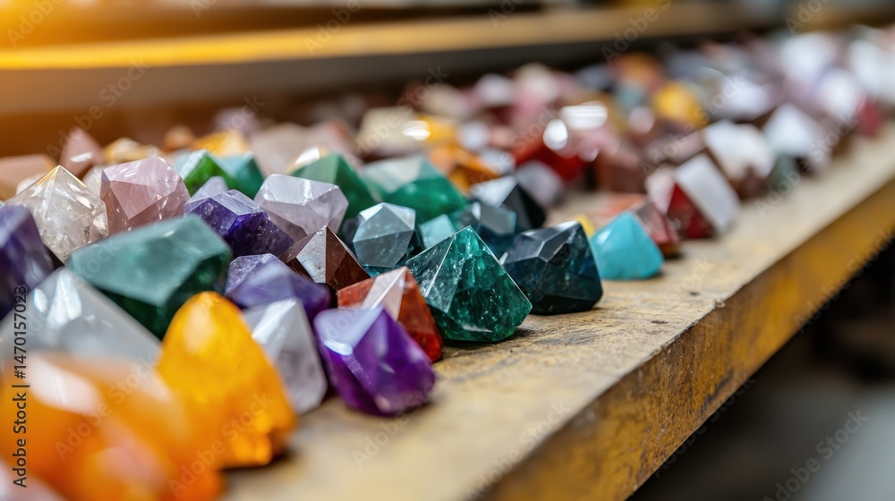 Poster Gemstone Cutting Workshop Concept, Gems Workshop Displaying Assorted Stones of Various Sizes and Shapes on a Rustic Wooden Table