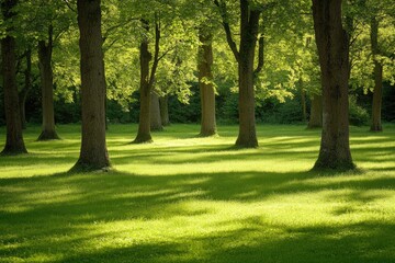 Sunlight filtering through trees. Lush green lawn