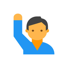 Illustration of a person with raised arm, wearing blue shirt and having dark hair and orange skin tone