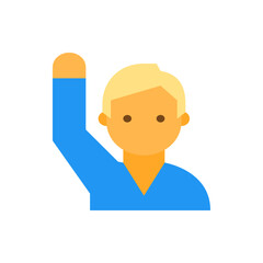 Illustration of a person with blonde hair raising their arm wearing a blue shirt on a white background