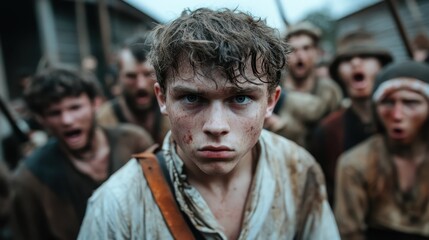 Obraz premium Intense gaze of a young man amidst an emotional, chaotic crowd, highlighting themes of resilience and defiance in the face of adversity during a tumultuous time.