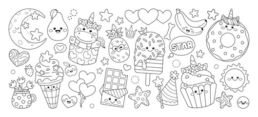 Set of doodle illustrations on kawaii theme. Vector illustration