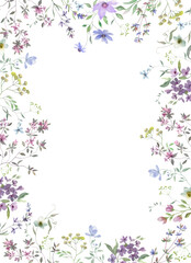 Watercolor floral frame with delicate wildflowers. Hand drawn illustration. 