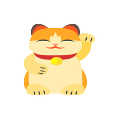 Illustration of a maneki neko with orange and yellow fur wearing a red collar with a gold bell charm