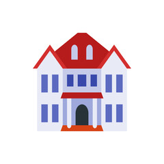 Illustration of a two story building with a red roof and blue windows and a dark entrance way design