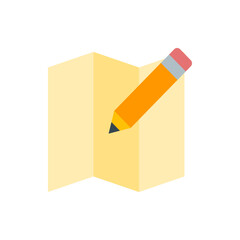 Illustration of a folded yellow paper with an orange pencil resting on it in a simple cartoon style