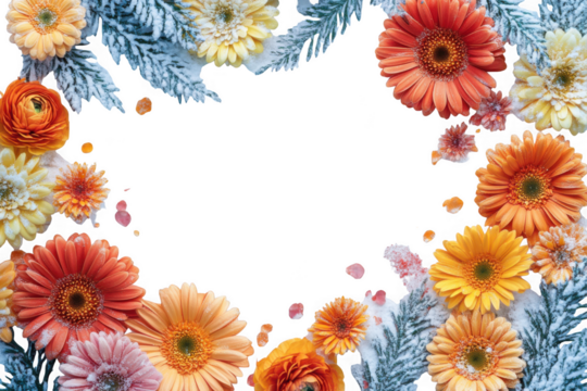 Floral frame with gerbera daisies isolated on transparent background