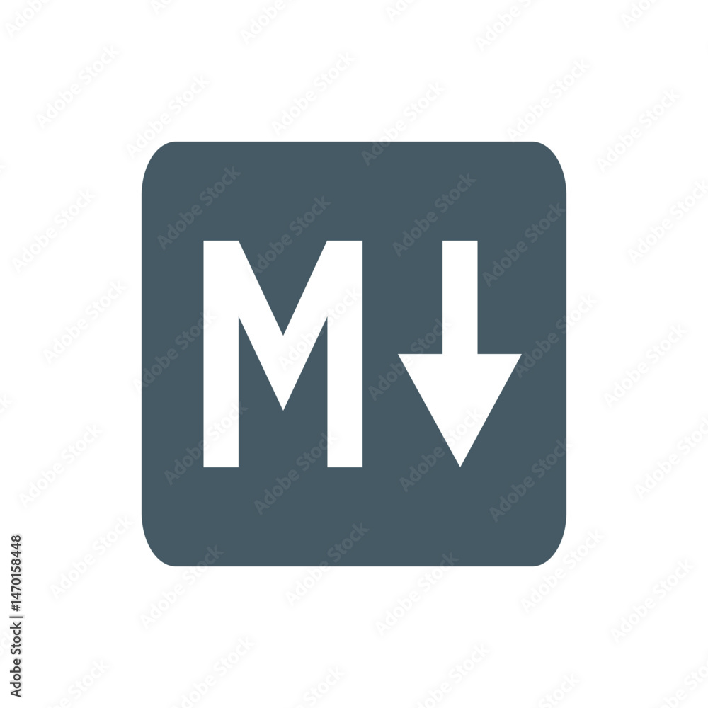 Poster letter m and a downward pointing arrow in white on a rounded gray rectangle background image art