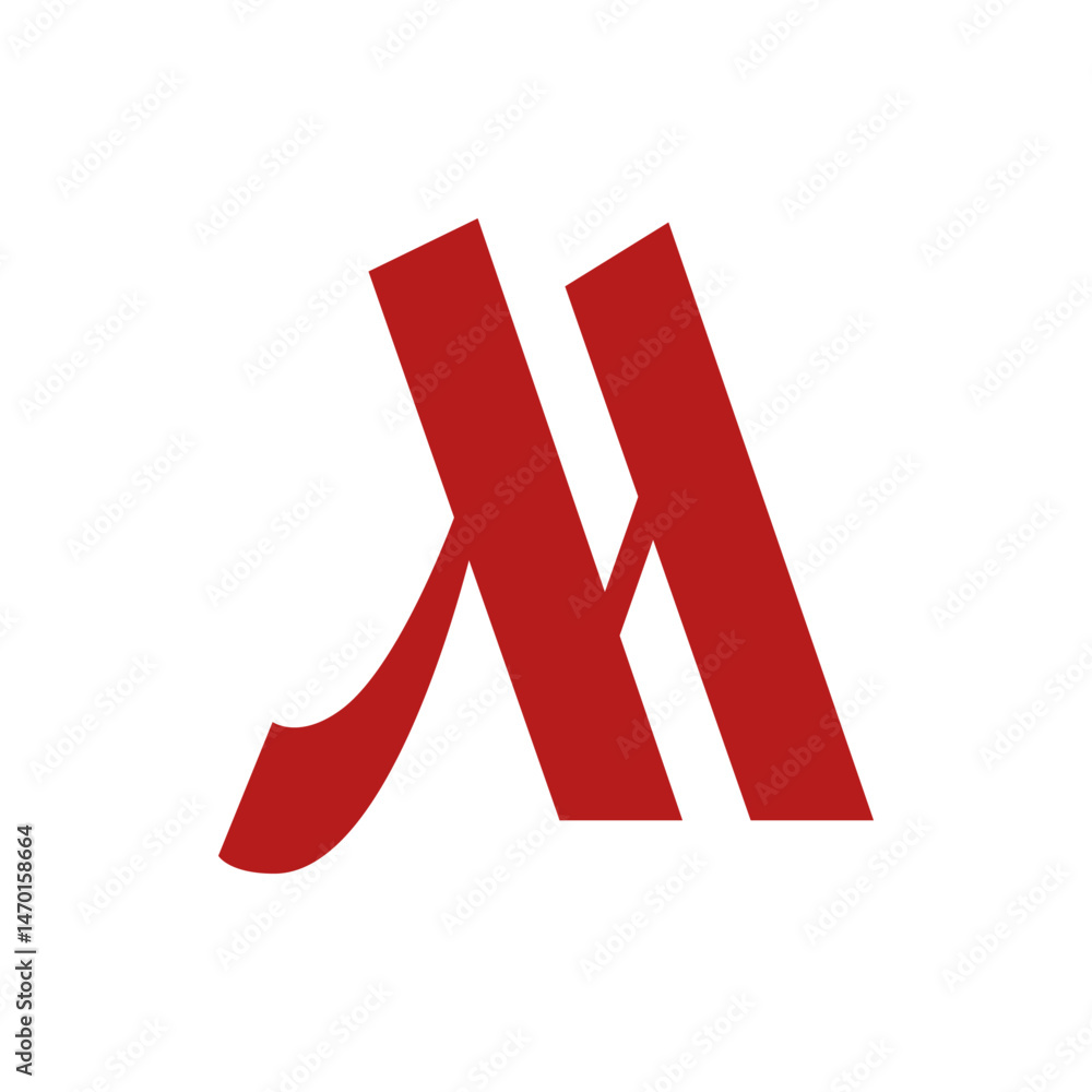Poster a stylized letter m in red with a curved element on the left side against a white background design 