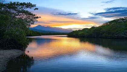 River with mangroves at sunset, mountains, colorful sky reflection.