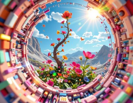 imagine a mesmerizing fusion of technology and nature in a digital realm, picture an abstract puter generated tech background that pulsates with vibrant energy