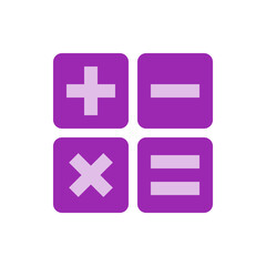 Illustration of four purple squares with mathematical symbols including plus minus multiplication and equals sign