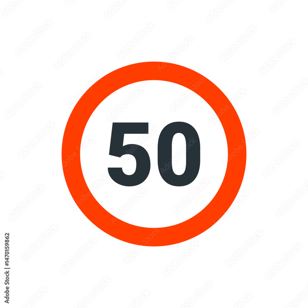 Poster a circular road sign with a red border and the number fifty in black indicating a speed limit restri
