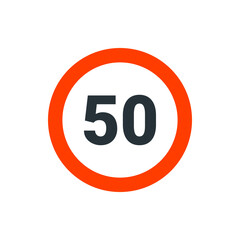 A circular road sign with a red border and the number fifty in black indicating a speed limit restriction