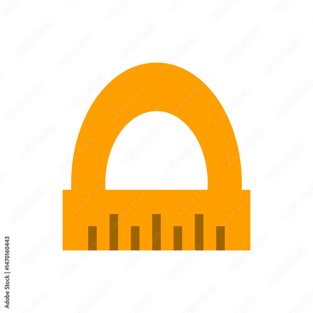 Aufkleber an orange protractor with a semi circular top and a flat base with small vertical lines along it sho