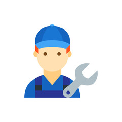 Illustration of a mechanic wearing a blue cap and uniform holding a wrench with simple design style