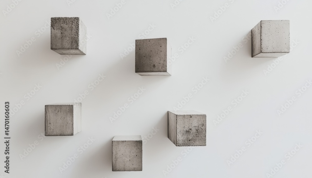Aufkleber arrangement of six concrete cubes on a white wall creating a minimalist composition with textured su