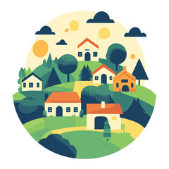 Flat Vector Illustration Of A Serene Village Landscape With Colorful Houses Trees And Rolling Hills