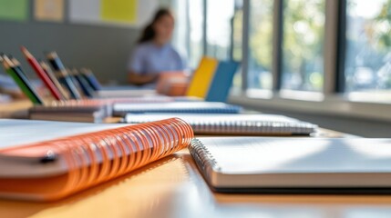 A row of desks with notebooks and pencils catching natural light, teacher in background near window