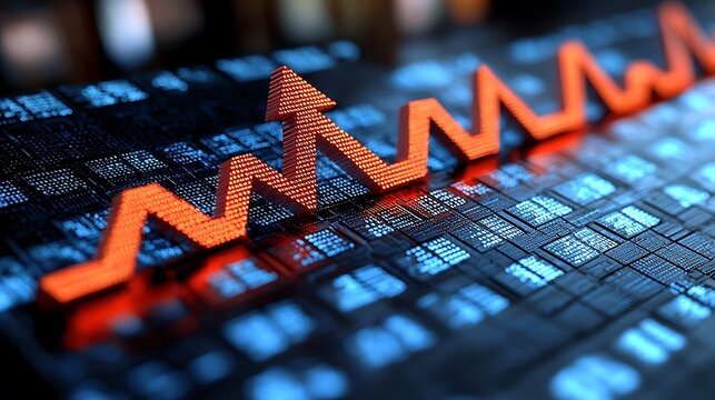 Red upward trend graph on a digital data matrix.