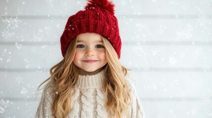 A joyful young girl in a knitted sweater and red hat, smiling softly while snowflakes gently fall around her, illustrating the warmth of childhood in winter.
