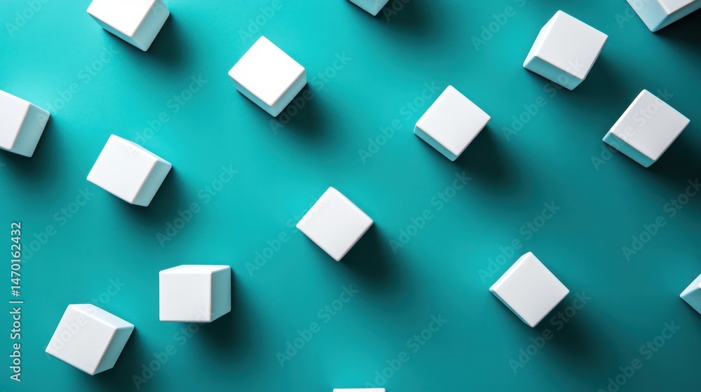 Poster white cubes randomly arranged on a teal surface with top-down lighting creating shadows