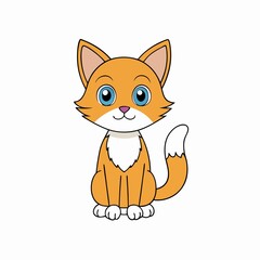 Cute cartoon ginger cat sitting with big blue eyes on white background