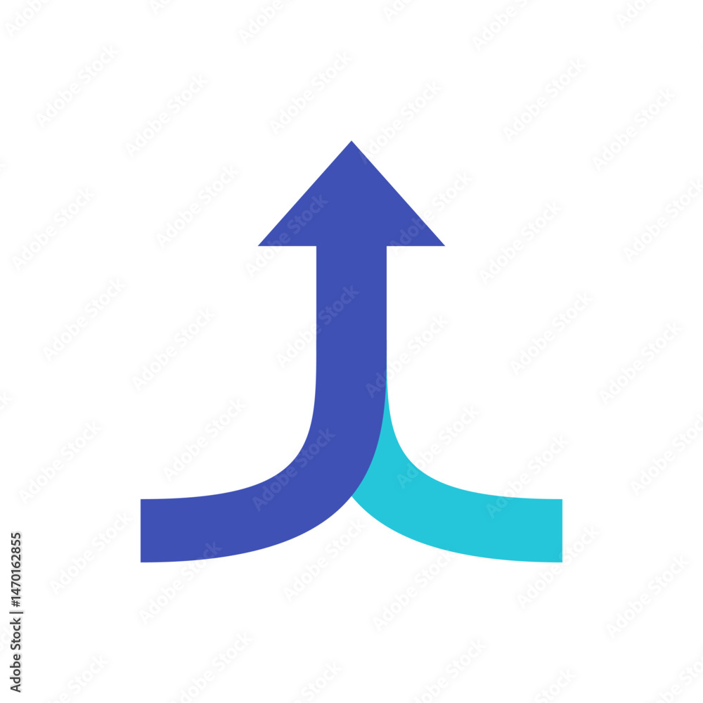 Poster two curved lines merging into a single upward pointing arrow on a white background in a simple graph