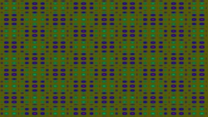 Repeating pattern of small circles in teal, blue, and red on olive background