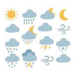 Simple Weather Icons Set: Sun, Moon, Clouds, Rain, Snow, Wind