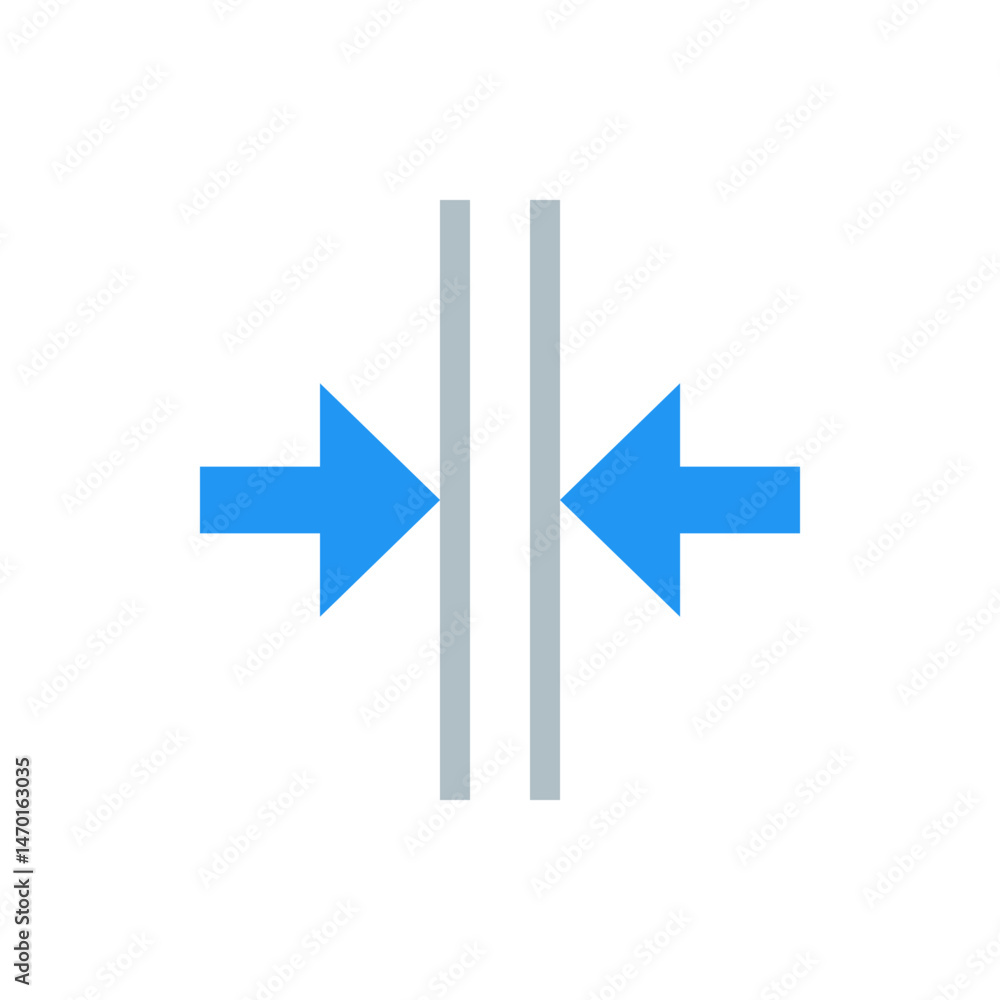 Poster two blue arrows pointing inwards towards two vertical gray lines with a white space in between them