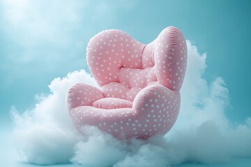 Pink polka dot armchair on a cloud background.