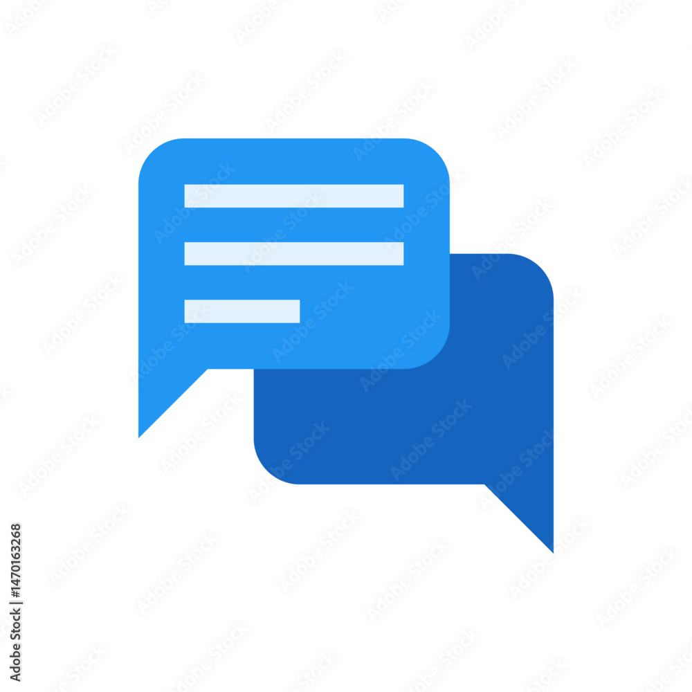 Poster two blue speech bubbles overlapping each other with white lines in the top bubble indicating text in