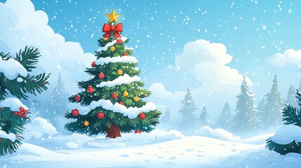 Fototapeta premium Snowy forest Christmas tree, winter wonderland, holiday card