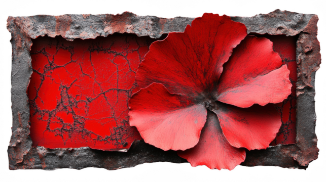 Striking Red Floral Sculpture with Stone Frame on PNG transparent background