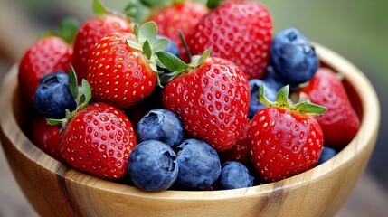 Obraz premium Freshly picked strawberries and blueberries in a wooden bowl.