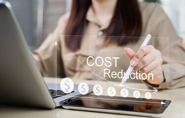 Cost reduction concept, businesswomen working on company cost saving, cost management, recession,...