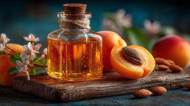 Apricot kernel oil in bottle. Fresh peach halves with visible kernel on wooden board. Organic cosmetic product, beauty care ingredient. Skin treatment, natural health and wellness.