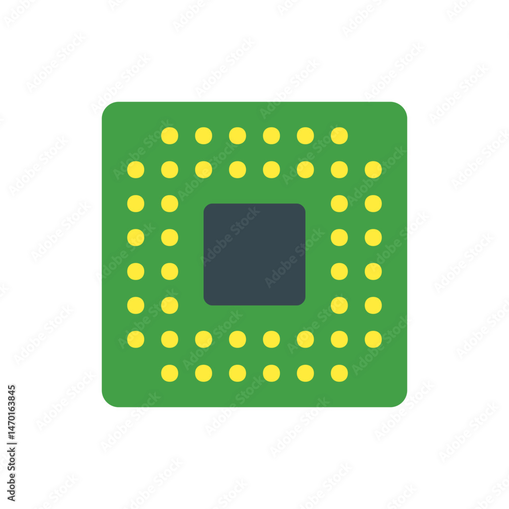 Poster a green square circuit board with rounded corners and yellow dots surrounding a dark gray square