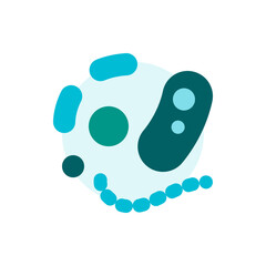 Illustration of abstract shapes and forms in shades of teal and green on a light blue circular background