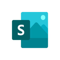 Illustration of a teal square with a white s and a teal landscape image behind it on a white background