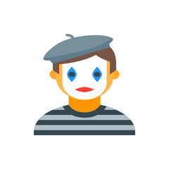 Illustration of a mime with white face paint, blue diamond eyes, and a gray beret on a white background
