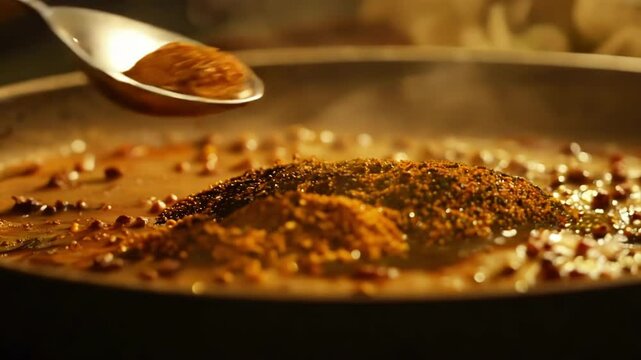 Various aromatic spices being sprinkled into hot frying pan with golden warm lighting. Powder and seeds gradually accumulate and begin to toast, releasing aromatic fragrance as cooking process begins.